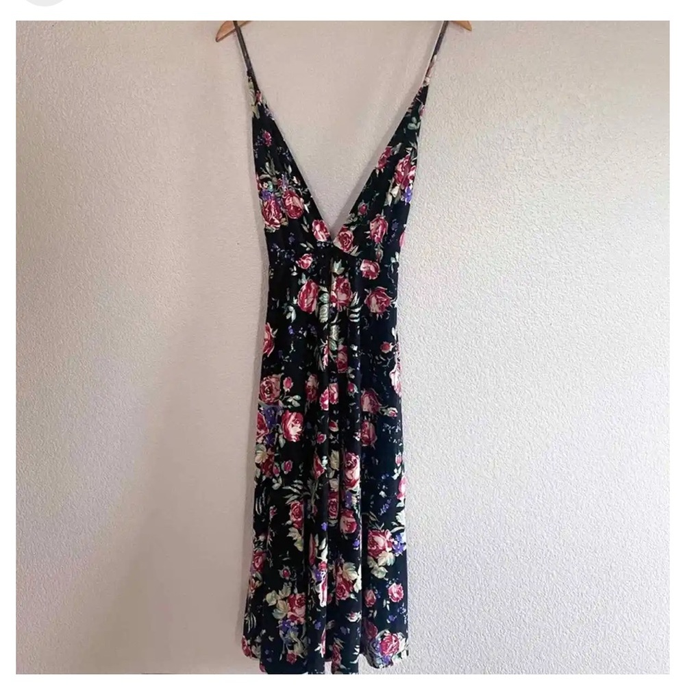 Reformation Low Back Black Floral Deep V Midi Dress